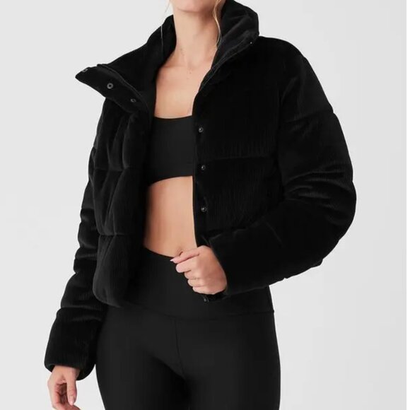 ALO Ribbed Velour Gold Rush Puffer Jacket - Black - Medium - Picture 1 of 13